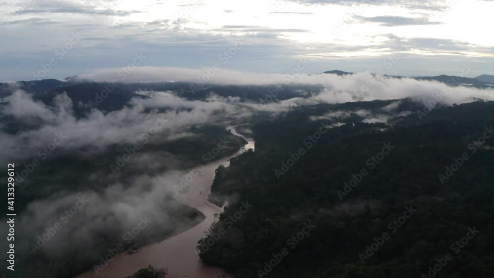 Aerial view of a tropical river with a brown coloration due to the mud entering after heavy rainfall in a tropical forest
Aerial view of a tropical river with a brown coloration due to the mud entering after heavy rainfall in a tropical forest