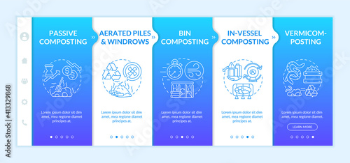 Decomposition methods onboarding vector template. Passive composting. Aerated piles and windrows. Responsive mobile website with icons. Webpage walkthrough step screens. RGB color concept