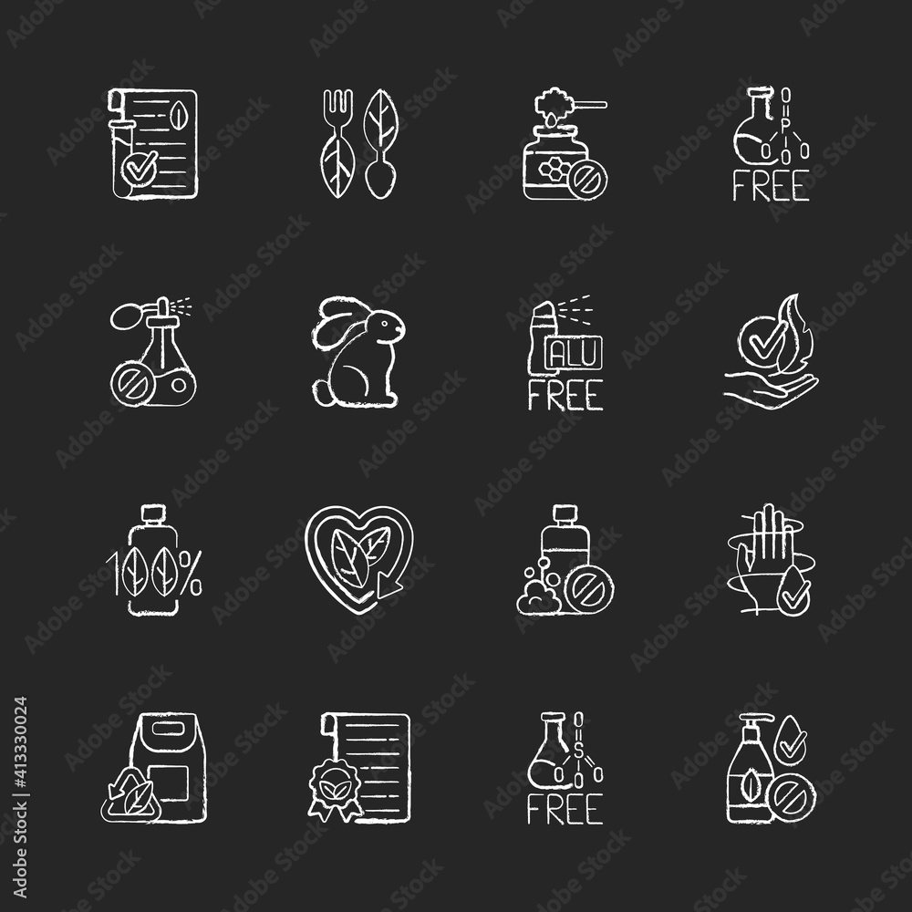 Natural cosmetic chalk white icons set on black background. Creation of cosmetics without harmful chemical additives. Ecofriendly movement Silhouette symbols. Isolated vector chalkboard illustrations Natural cosmetic chalk white icons set on black background. Creation of cosmetics without harmful chemical additives. Ecofriendly movement Silhouette symbols. Isolated vector chalkboard illustrations
