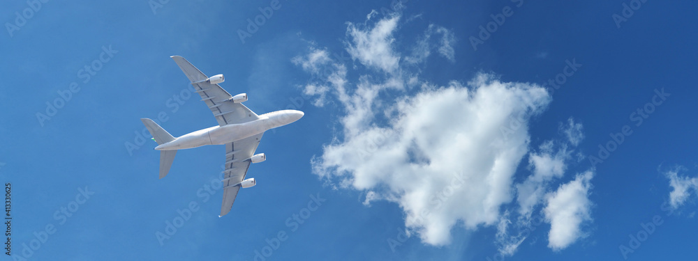Fototapeta premium Zoom panoramic photo of passenger plane flying above deep blue slightly cloudy sky