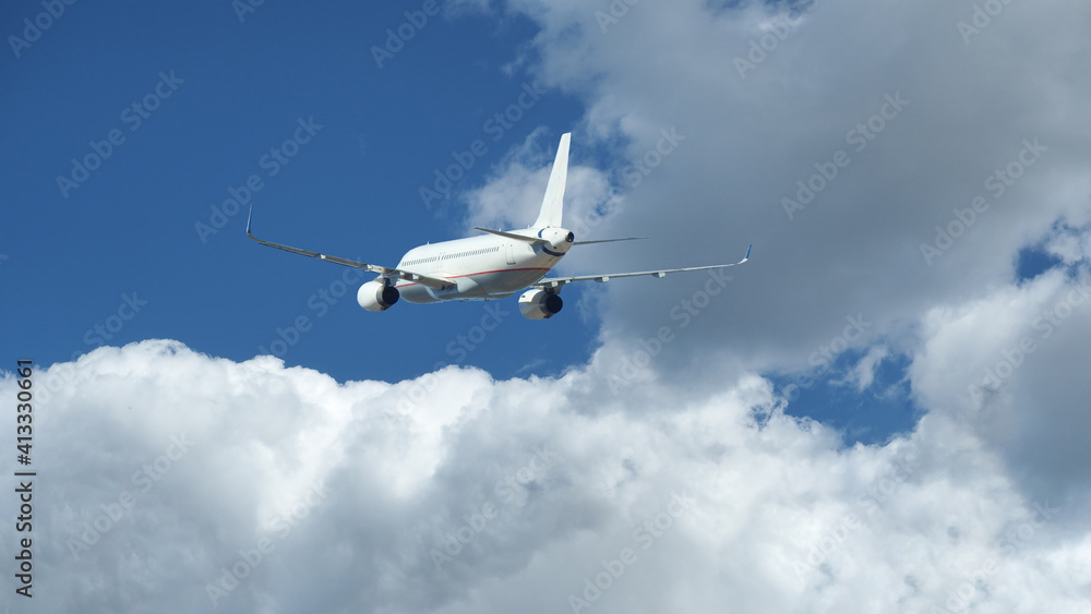 Fototapeta Zoom photo of passenger airplane taking off in deep blue cloudy sky