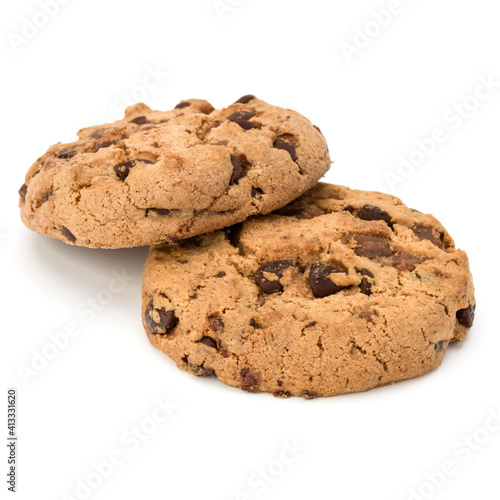 Two Chocolate chip cookies isolated on white background. Sweet biscuits. Homemade pastry.