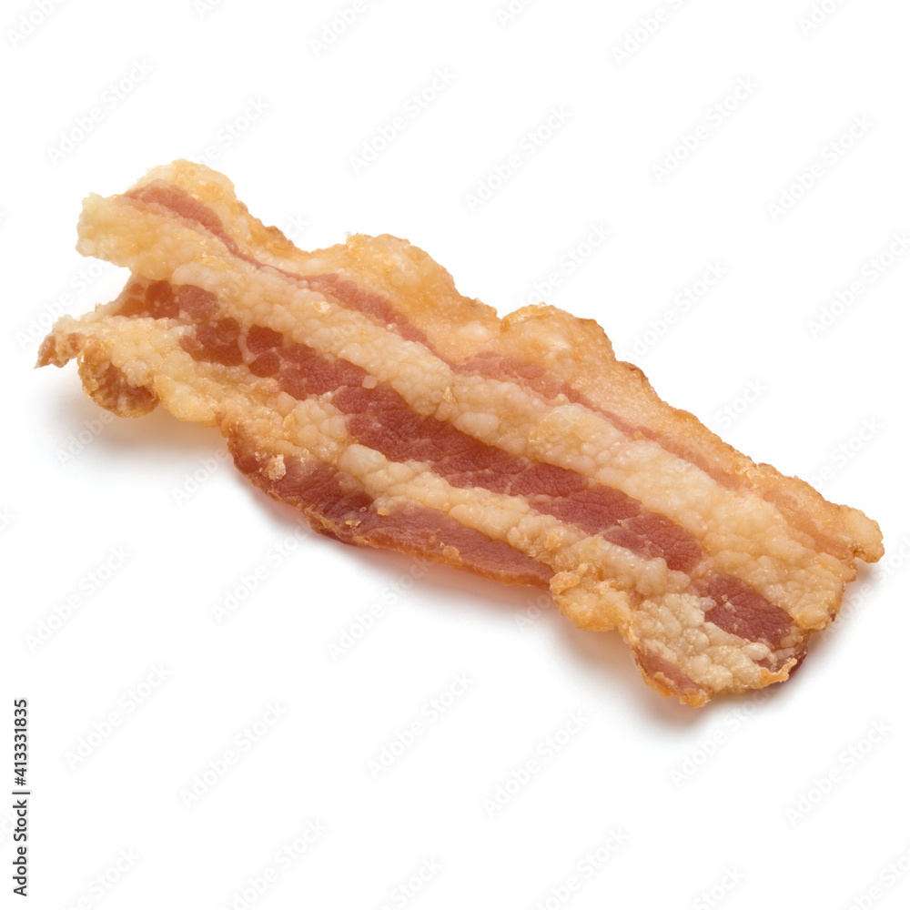cooked crispy slice of bacon isolated on white background cooked crispy slice of bacon isolated on white background