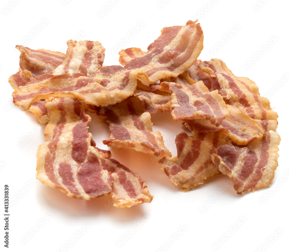 cooked crispy slices of bacon isolated on white background cooked crispy slices of bacon isolated on white background