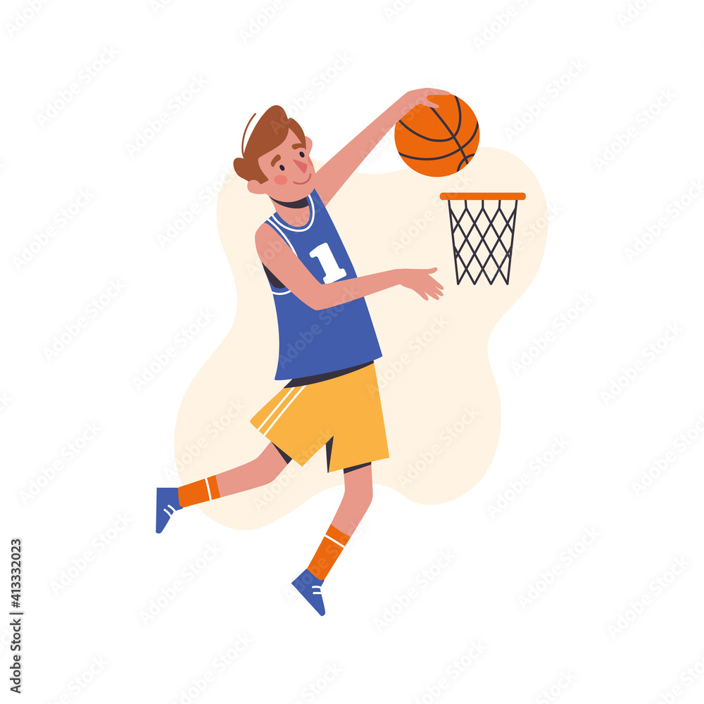 The boy throws a basketball into the basket. Flat design concept with cute kid playing basketball. Childrens vector illustration isolated on white background