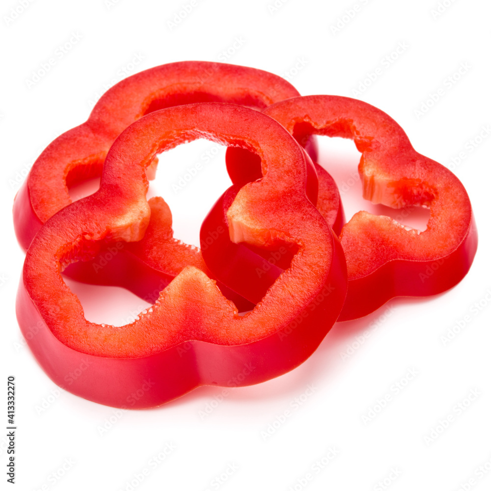 Red sweet bell pepper slices isolated on white background cutout Red sweet bell pepper slices isolated on white background cutout
