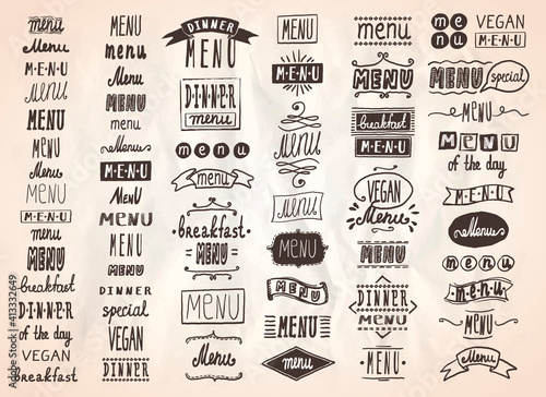 Menu headlines, handwriting lettering set
