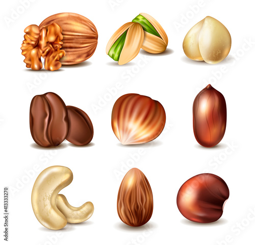 Collection of nuts and beans isolated on white background. Walnut, hazelnut, coffee, cashew, cocoa, pistachio, almond, peanut, chickpea. Set of 3d realistic vector illustrations