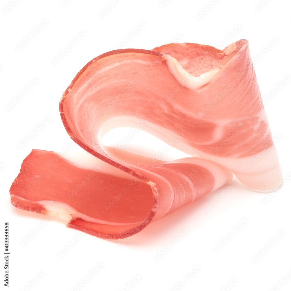 Italian prosciutto crudo or jamon. Raw ham. Isolated on white background Italian prosciutto crudo or jamon. Raw ham. Isolated on white background
