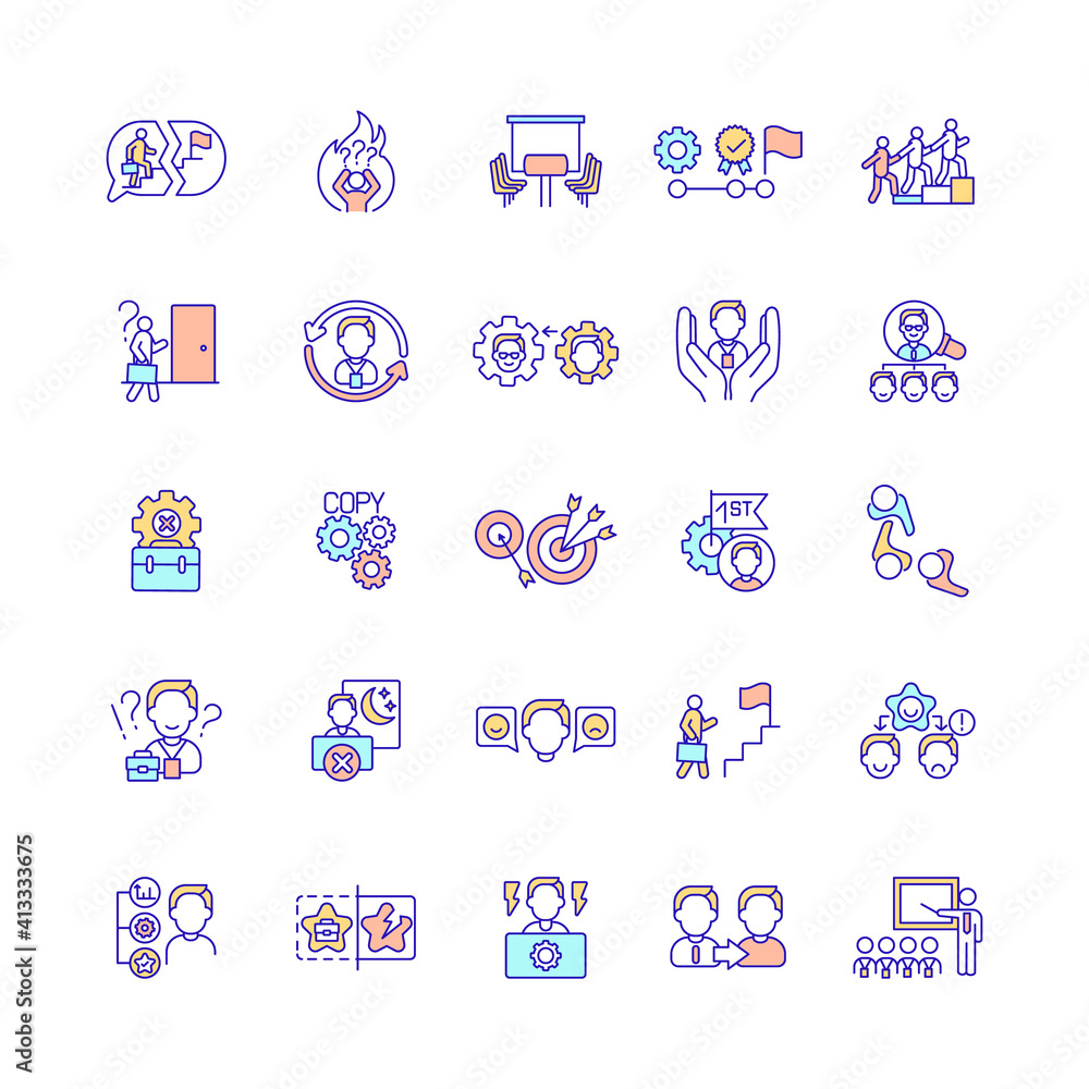 Work process of new worker in company RGB color icons set. Teamwork details. Improve level of organization. Integration and development. Employee adaptation. Isolated vector illustrations Work process of new worker in company RGB color icons set. Teamwork details. Improve level of organization. Integration and development. Employee adaptation. Isolated vector illustrations