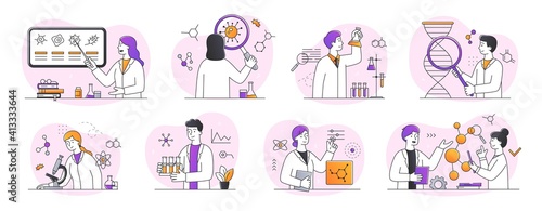 Collection of scientific research in laboratory abtsract concepts. Young scientists, chemists, doctors, microbiologists, work in laboratory. Set of outline minimal style flat vector illustrations