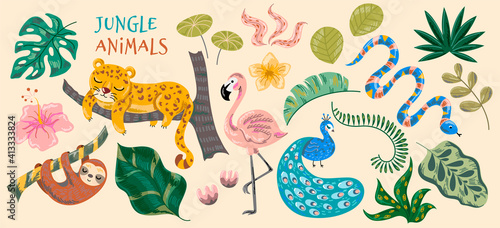 Abstract jungle background. Animals tiger, sloth, stork, peacock, snake, flamingo, heron, spots leaves, objects and textures. Hand-drawn artwork for poster greeting card. Cartoon vector illustration