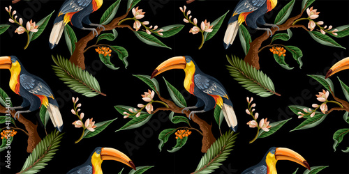 Seamless pattern with birds and tropical leaves and flowers. Vector.