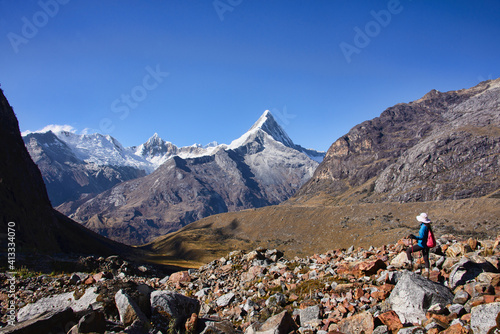 Trekking along the Artesonraju, the peak that inspired the Paramount Pictures logo, Santa Cruz trek, Cordillera Blanca, Ancash, Peru photo