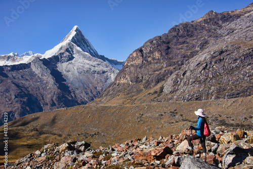 Trekking along the Artesonraju, the peak that inspired the Paramount Pictures logo, Santa Cruz trek, Cordillera Blanca, Ancash, Peru
