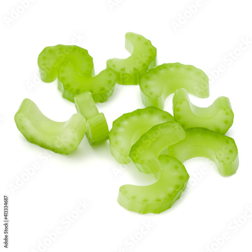 Chopped Celery stalk slices isolated om white background cut out.