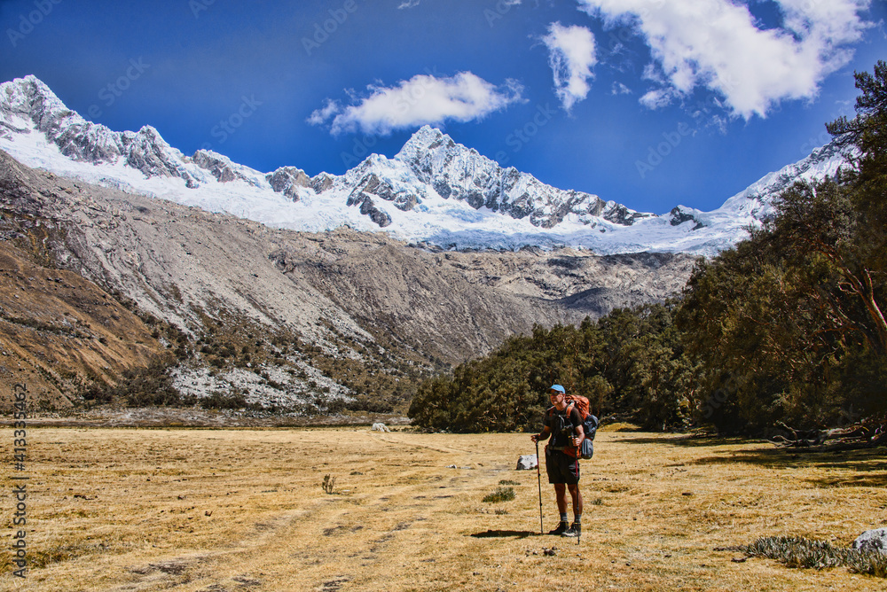 Obraz premium View of the Alpamayo and Quitaraju on the route to Alpamayo Basecamp, Cordillera Blanca, Ancash, Peru