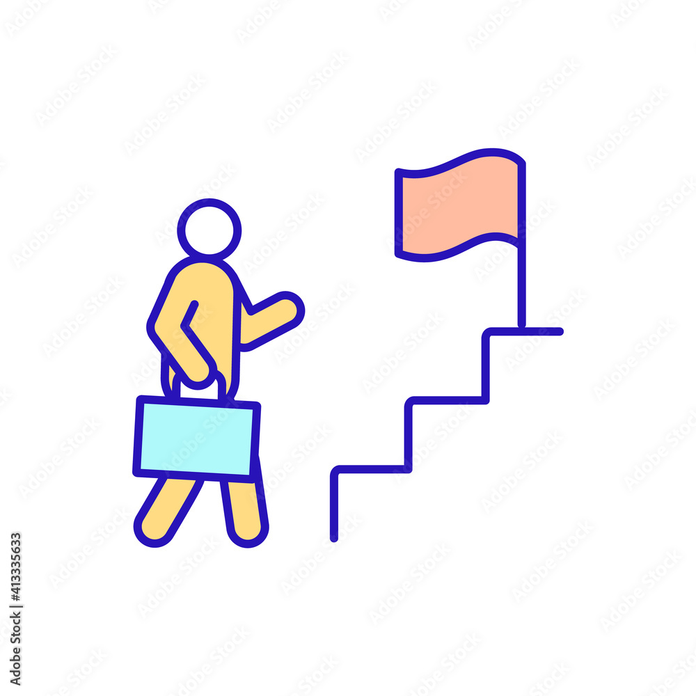 Career promotion RGB color icon. New employee with goals. Responsibility and authority. Transition from entry-level to levels of salary and qualifications. Isolated vector illustration Career promotion RGB color icon. New employee with goals. Responsibility and authority. Transition from entry-level to levels of salary and qualifications. Isolated vector illustration
