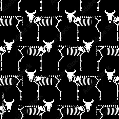 Cow skeleton pattern seamless. Farm animal bones background. Bull anatomy texture. vector ornament