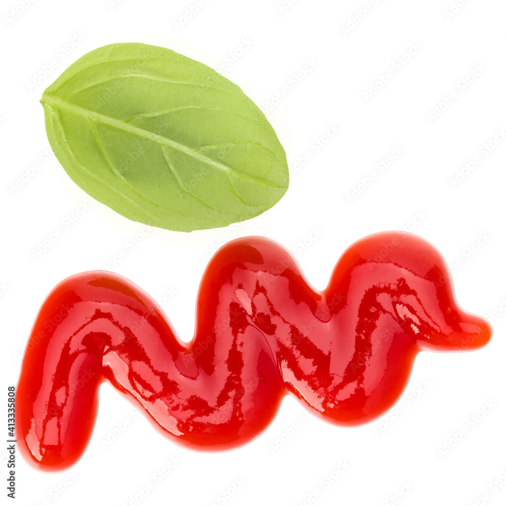 Tomato sauce, ketchup with basil leaf isolated on white background. Top view. Tomato sauce, ketchup with basil leaf isolated on white background. Top view.