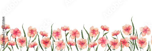 Seamless watercolor border with orange abstract iris flowers and leaves on a white background, summer flower illustration for postcards, wedding decoration, packaging