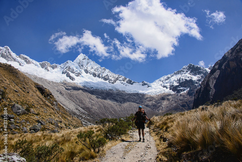 View of the Alpamayo and Quitaraju on the route to Alpamayo Basecamp, Cordillera Blanca, Ancash, Peru