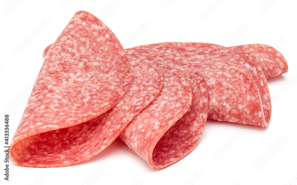 Salami smoked sausage slices isolated on white background Salami smoked sausage slices isolated on white background