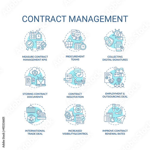 Contract management concept icons set. Contract lifecycle processes. Efficient management tips idea thin line RGB color illustrations. Vector isolated outline drawings. Editable stroke