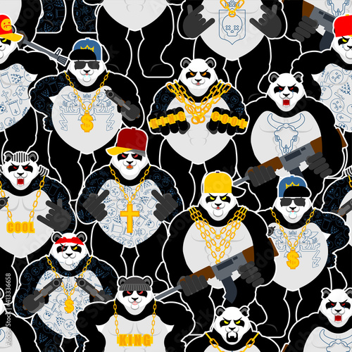 Panda gangster gang pattern seamless. Cool Bear Gang of bandits background. SWAG gangsta texture. Animal guy rapper ornament