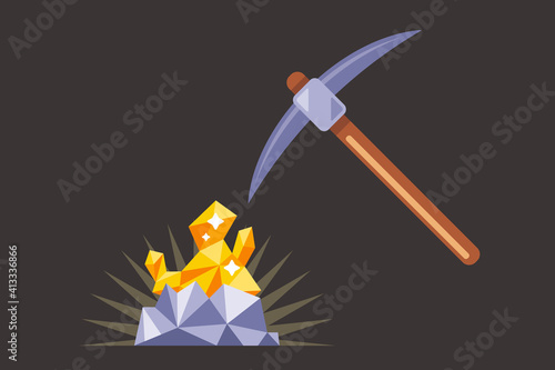 mining for gold underground. find a precious nugget. work with a pickaxe in the mine. flat vector illustration.