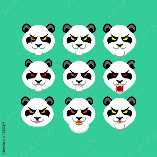 Angry panda face set. Evil bear. Panda gangster gang set. vector illustration