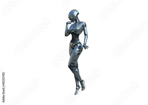 Image robot created in female figure with different viewing angles, isolated on a white background. Template for Photoshop as a smart object suitable for other picture composing. 3d rendering.