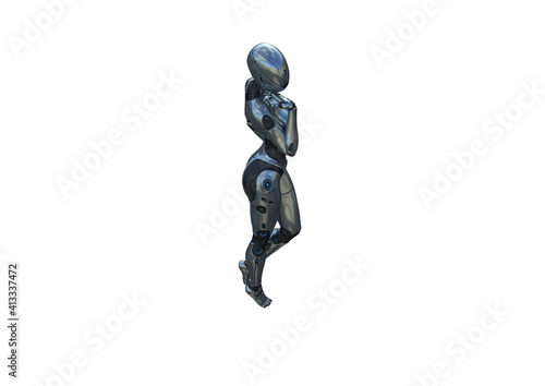Image robot created in female figure with different viewing angles, isolated on a white background. Template for Photoshop as a smart object suitable for other picture composing. 3d rendering.
