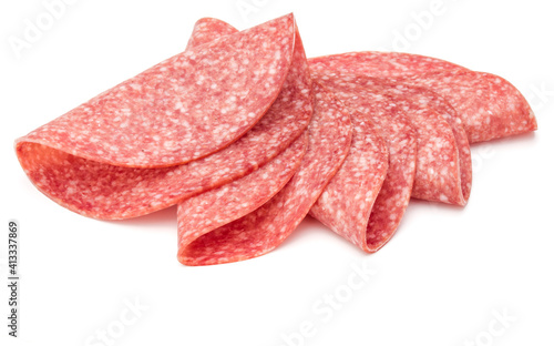 Salami smoked sausage slices isolated on white background