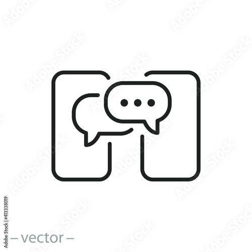 chat messenger icon, speech sms or mms bubble, message with two phones, conversation social network, thin line symbol on white background - editable stroke vector illustration
