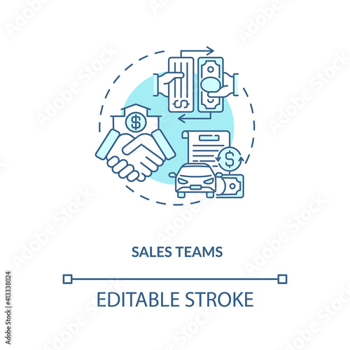 Sales teams concept icon. Contract management software users. Providing business product or service to customers idea thin line illustration. Vector isolated outline RGB color drawing. Editable stroke