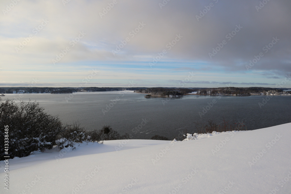 Nice snowy landscape during a Swedish winter. Plenty of cold white snow and a great view. Järfälla, Stockholm, Sweden, Europe.