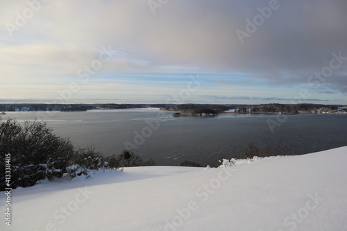 Nice snowy landscape during a Swedish winter. Plenty of cold white snow and a great view. Järfälla, Stockholm, Sweden, Europe.