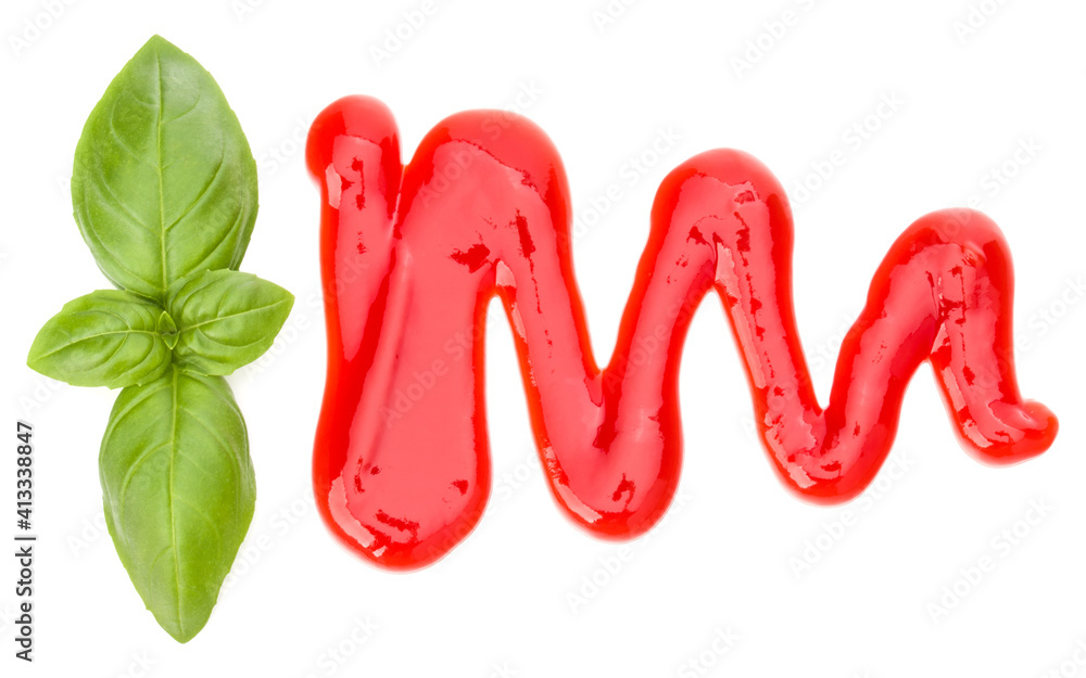 Tomato sauce, ketchup with basil leaf isolated on white background. Top view. Tomato sauce, ketchup with basil leaf isolated on white background. Top view.