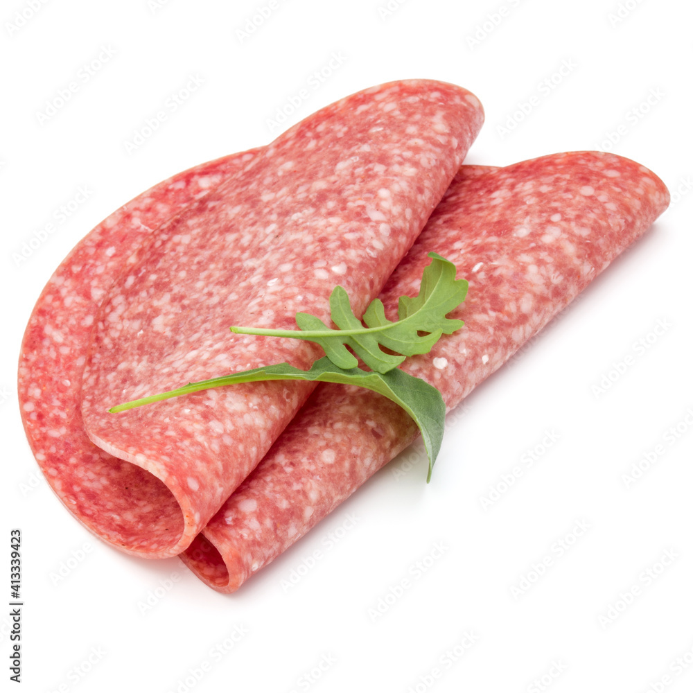 Salami smoked sausage slices isolated on white background Salami smoked sausage slices isolated on white background