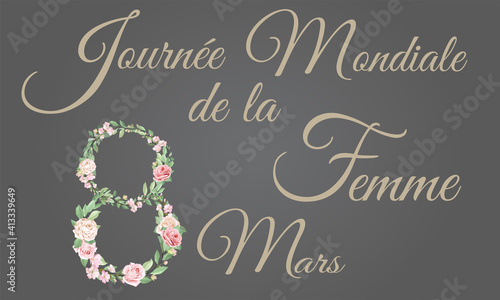 carte ou bandeau sur la journée mondiale de la femme en saumon sur un fond gris avec le 8 formé de fleurs