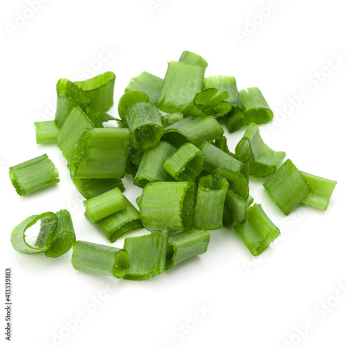 chopped spring onion or scallion isolated on white background cutout