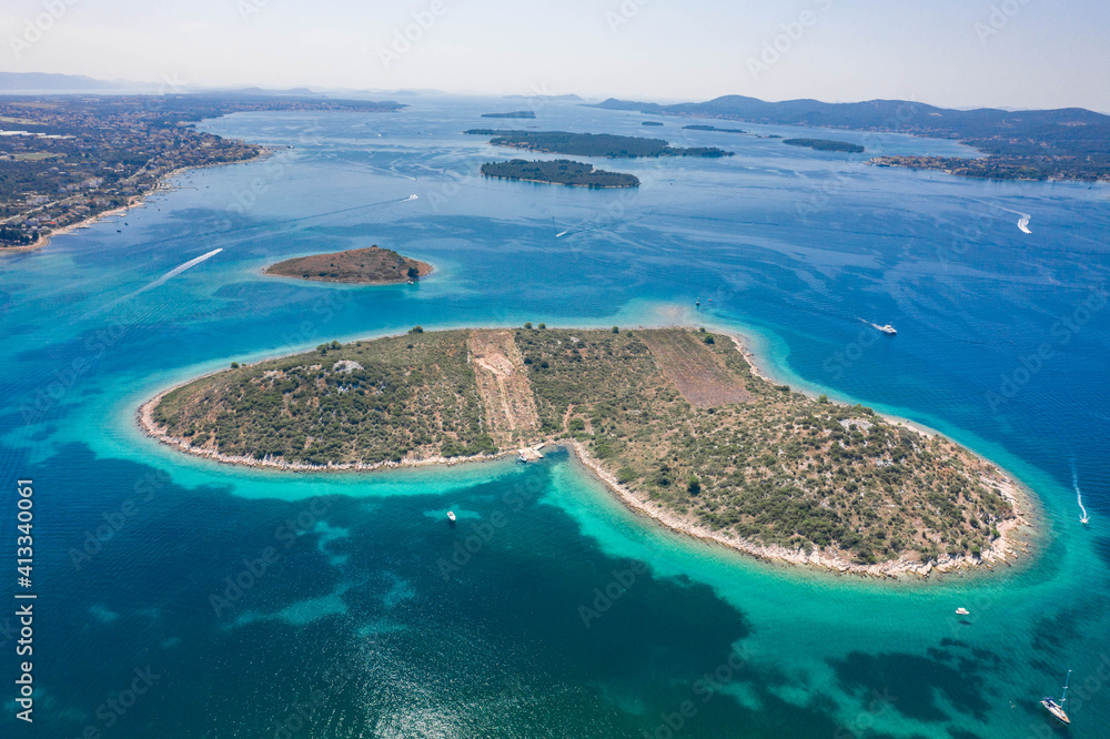 Aerial drone shot of heart-shaped island Galesnjak in Dalamatia Croatia