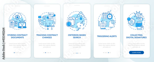 Contract management software functions onboarding mobile app page screen with concepts. Saving documents walkthrough 5 steps graphic instructions. UI vector template with RGB color illustrations
