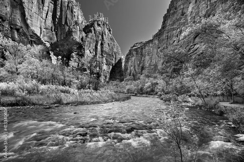 Zion National Park in Black & White river scenes and trails