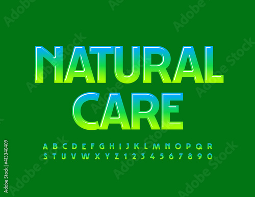 Vector eco template Natural Care. Gradient color Font. Shiny creative Alphabet Letters and Numbers set