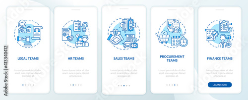 Contract management software users onboarding mobile app page screen with concepts. Human resourses teams walkthrough 5 steps graphic instructions. UI vector template with RGB color illustrations
