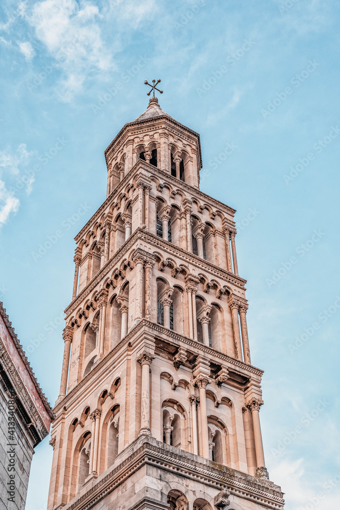 Upward view of Bell tower of Cathedral of St. Domnius in Diocletian's Palace in Split Croatia Upward view of Bell tower of Cathedral of St. Domnius in Diocletian's Palace in Split Croatia