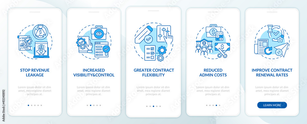 Contract management automation benefits onboarding mobile app page screen with concepts. Increase value walkthrough 5 steps graphic instructions. UI vector template with RGB color illustrations