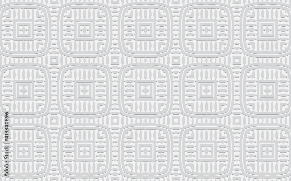 Ethnic bulging volumetric wallpaper from a 3D decorative pattern in the style of the peoples of Africa. White embossed background of geometric shapes.Texture for design and decoration.